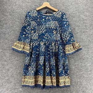Anouk Dress Women S Small Blue Geometric Shift Short Cotton Tasseled Long Sleeve